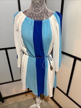 VENUS Blue, Light Blue & White Striped Peasant Coverup with Tassel Tie